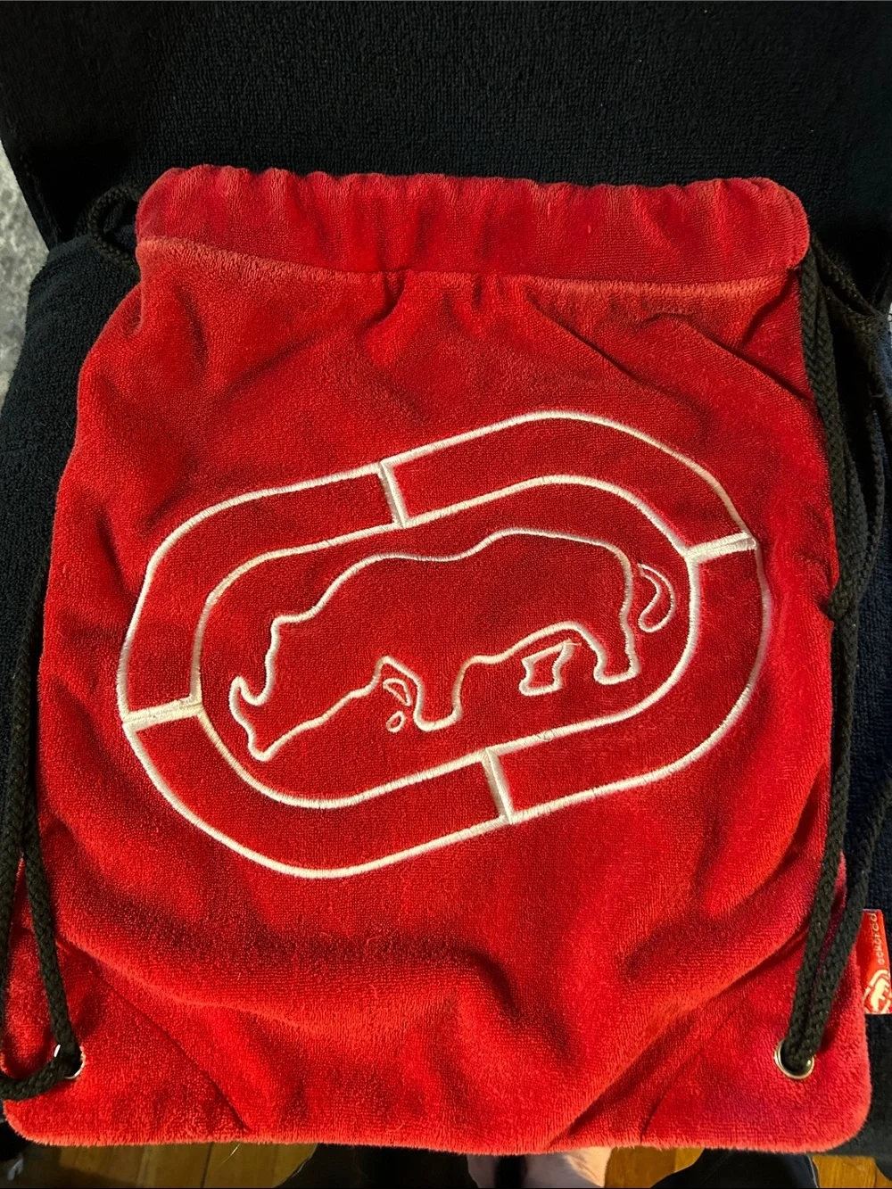 Ecko Unlimited Red Terry Lined Drawstring Backpack w Embroidered White Rhino